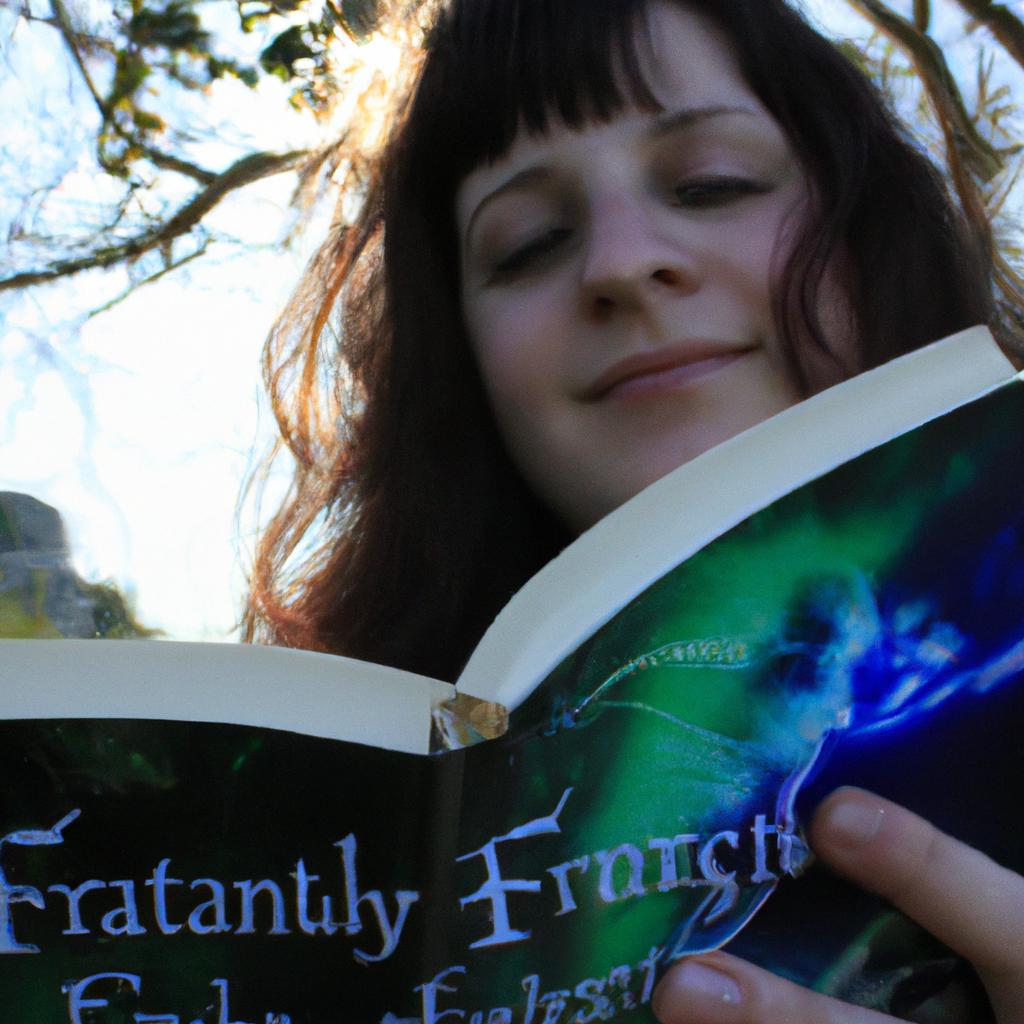 Person reading fantasy book, smiling