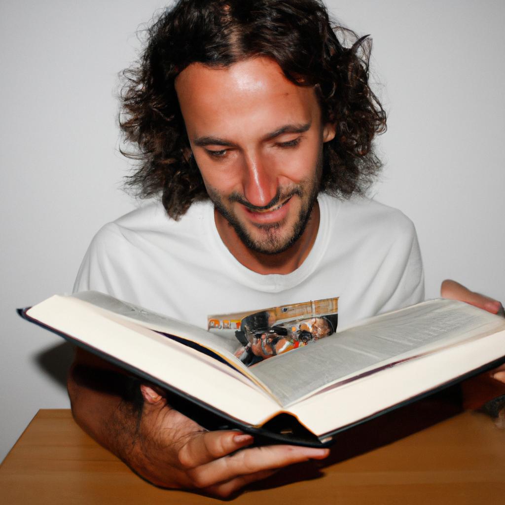 Person reading a book, smiling