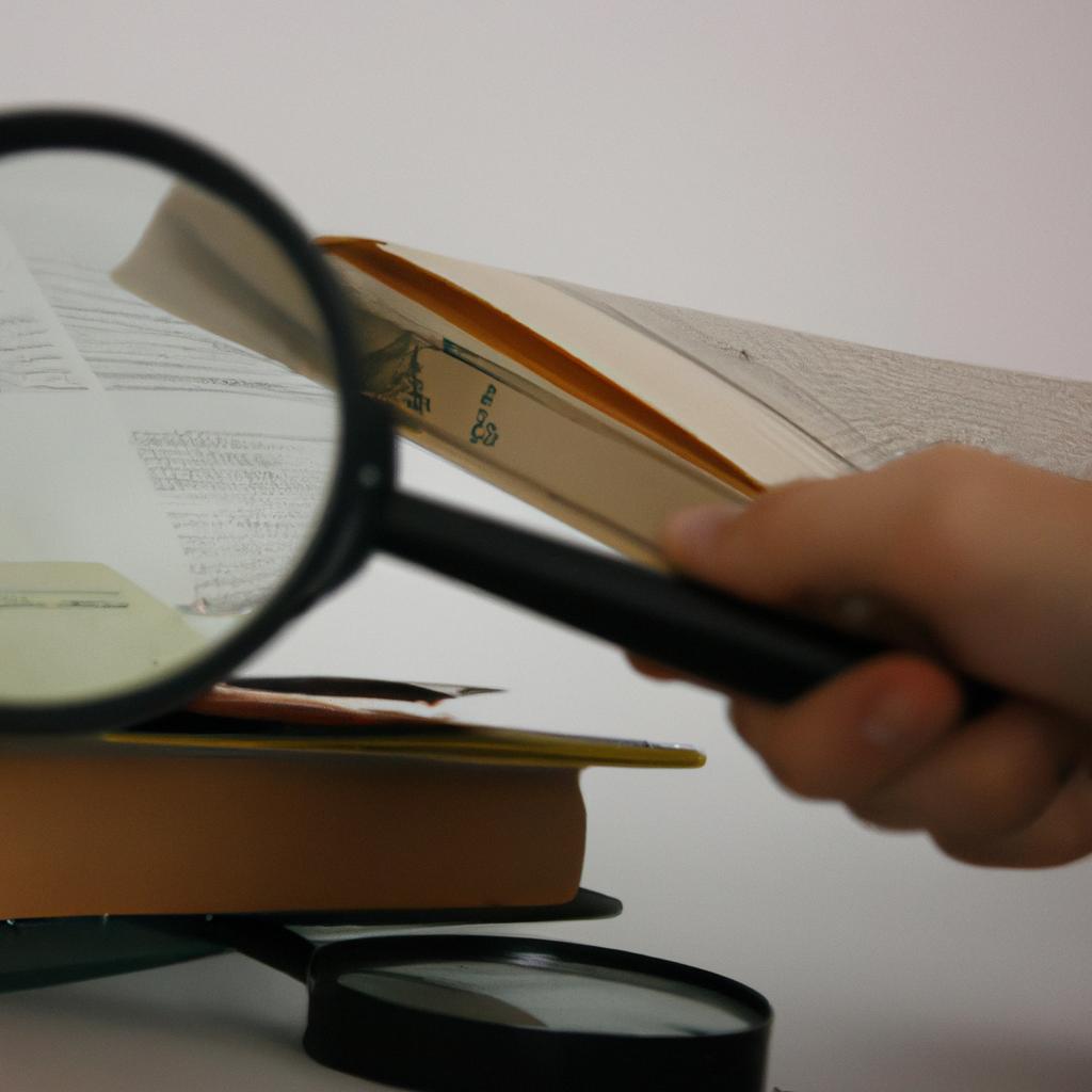 Person analyzing books with magnifying glass